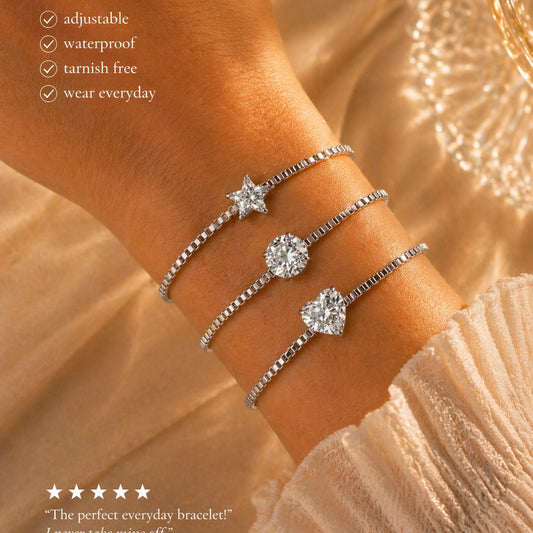 Star , solitaire , heart crystal bracelet with extender fits most wrists tarnish free women’s girls in silver or gold