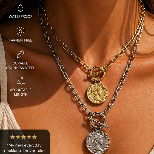 GRACEbu Old coin style necklace in silver or gold tone water and tarnish resistant Paperclip chain stainless steel P36 unisex male female
