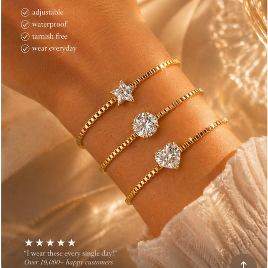 Star , solitaire , heart crystal bracelet with extender fits most wrists tarnish free women’s girls in silver or gold