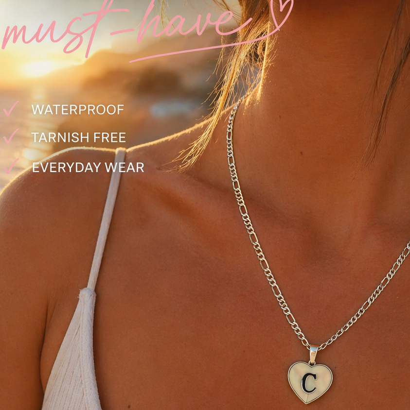 Initial heart necklace in silver or gold tone with trending chain