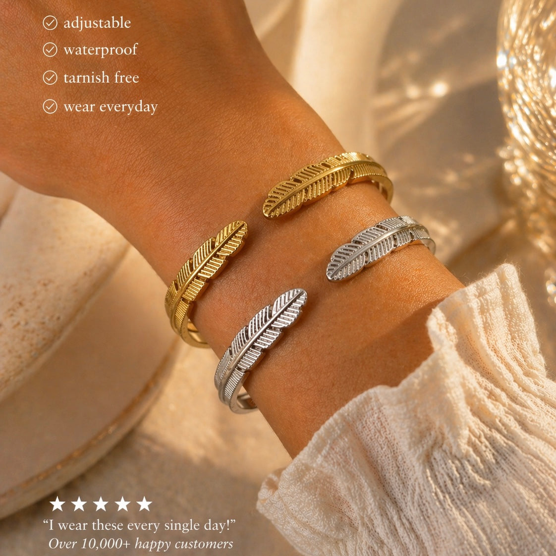 Feather Bangle in Silver or Gold Adjustable Size- Double Feather Design Bracelet Unisex Mens Women’s P69