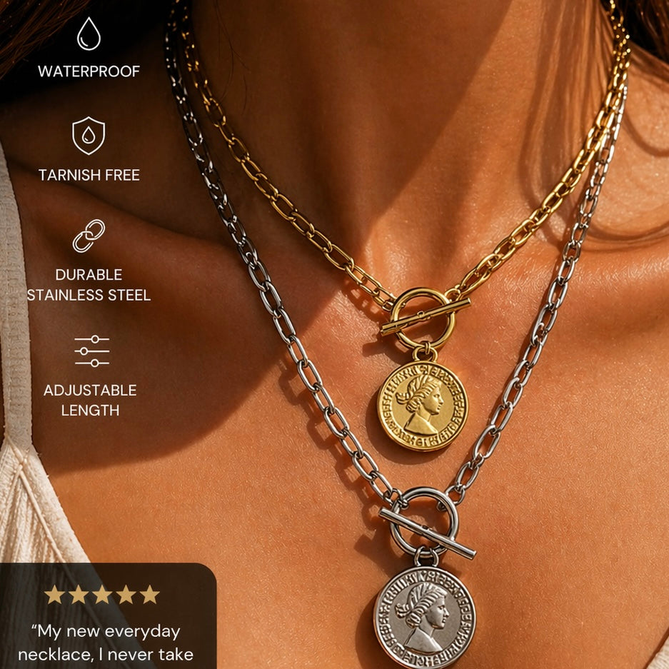 GRACEbu Old coin style necklace in silver or gold tone water and tarnish resistant Paperclip chain stainless steel P36 unisex male female