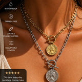GRACEbu Old coin style necklace in silver or gold tone water and tarnish resistant Paperclip chain stainless steel P36 unisex male female