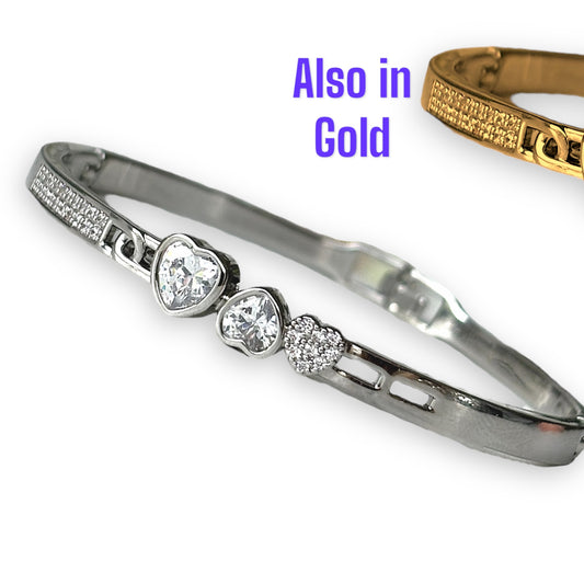 Triple heart bangle in silver, gold or Rose gold.     P46